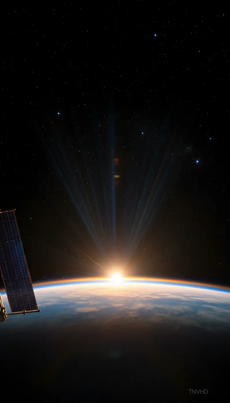 AI: Sunrise from low Earth orbit, 
vertical portrait composition.
Earth's curved h...