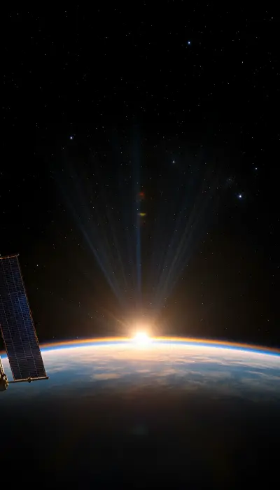 AI: Sunrise from low Earth orbit, 
vertical portrait composition.
Earth's curved h...