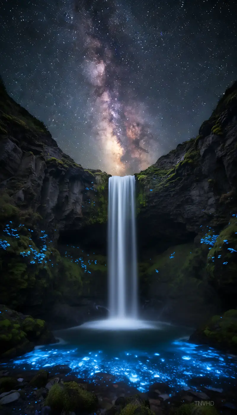 AI: The Milky Way galaxy rising vertically 
above a tall narrow waterfall,
the gal...