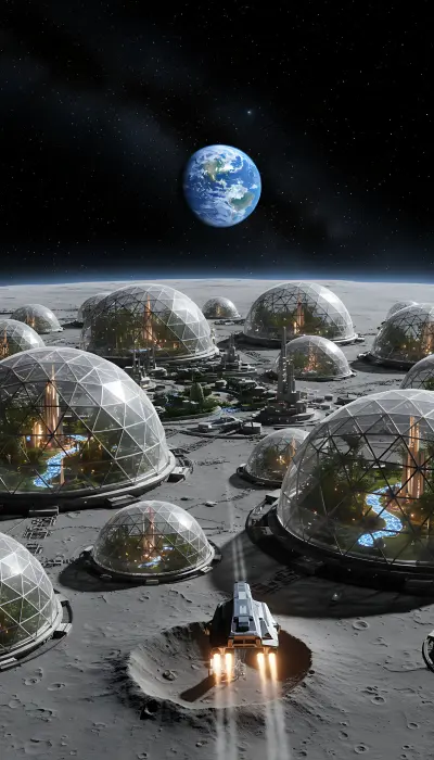 AI: A vast domed lunar city on the Moon's surface,
vertical portrait 9:16 compositio...