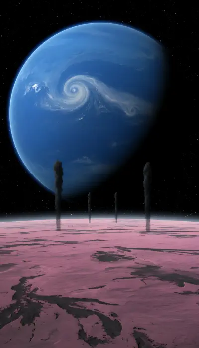 AI: Looking up from Triton's nitrogen ice surface
toward Neptune hanging directly o...