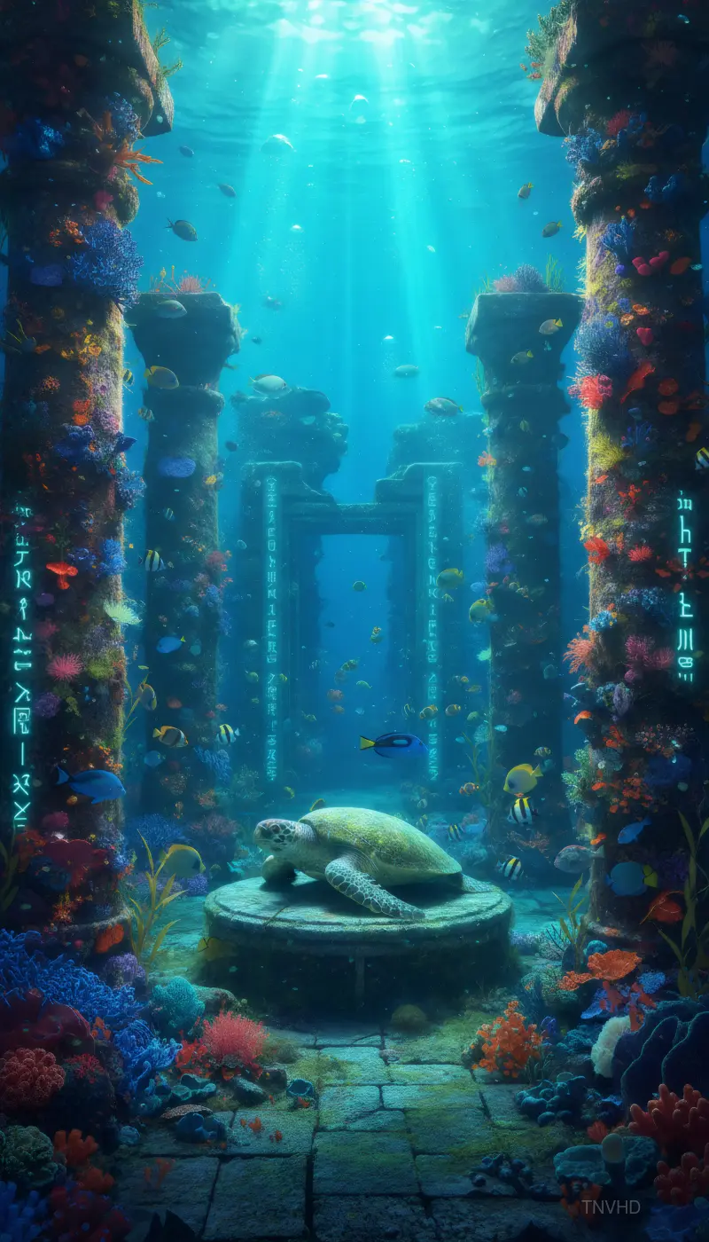 AI: An ancient sunken temple deep underwater,
massive stone pillars covered in glow...