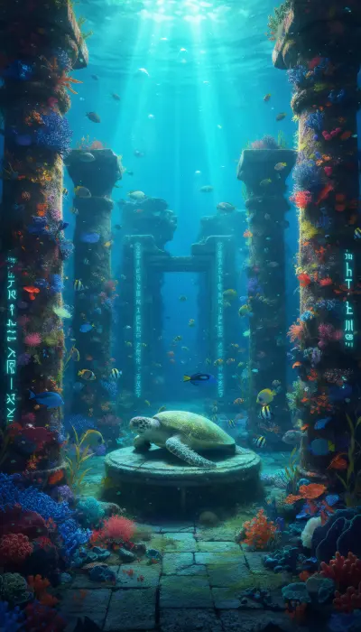 AI: An ancient sunken temple deep underwater,
massive stone pillars covered in glow...