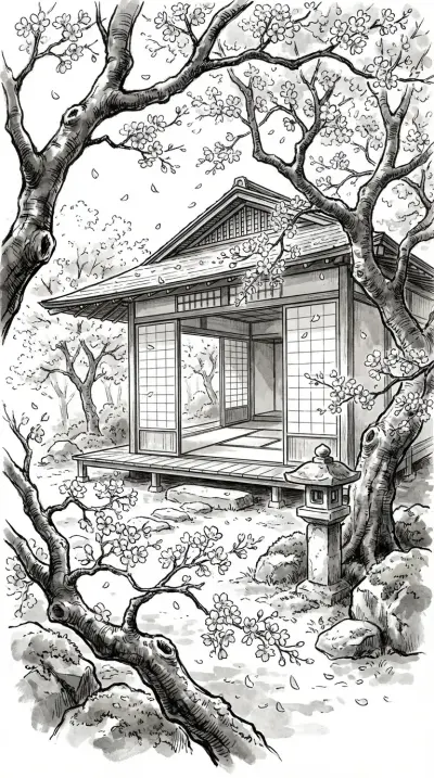Ink Sketch of Traditional Japanese Tea House