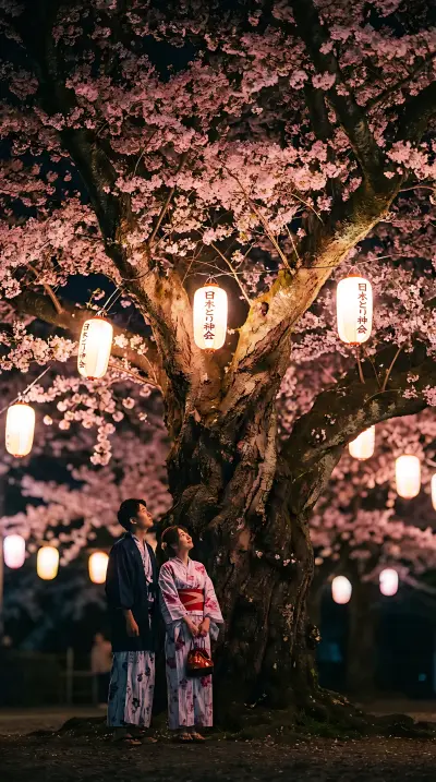AI: Night cherry blossoms — Yozakura —
illuminated by traditional Japanese lanterns,...