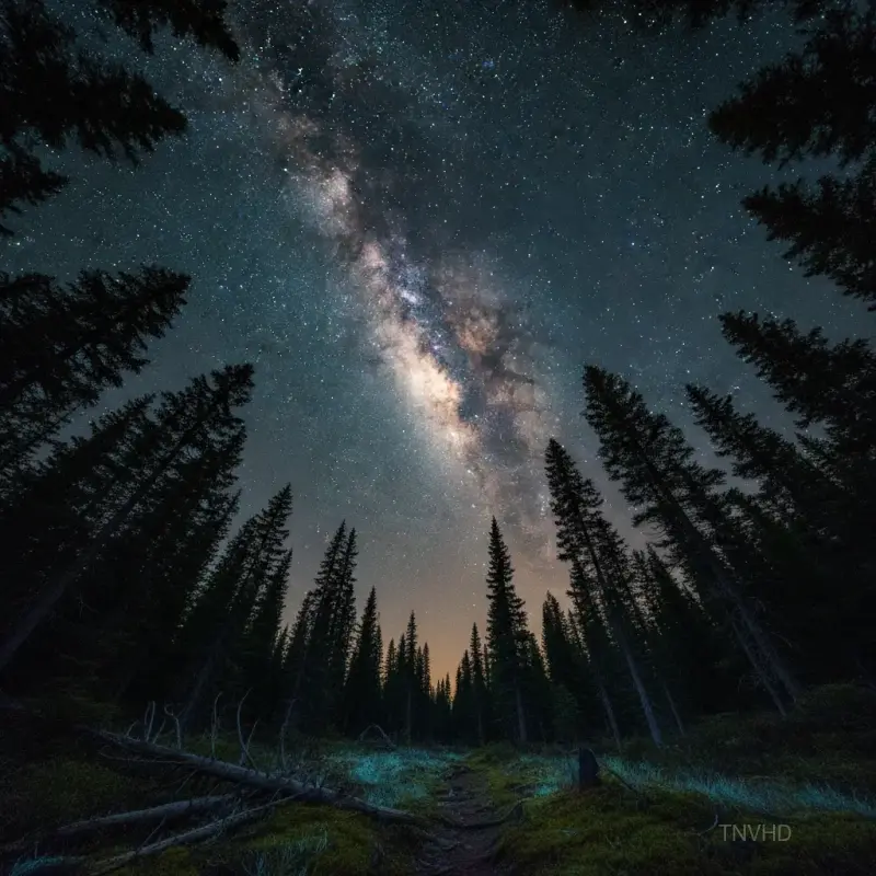 AI: Majestic Milky Way arc visible above a dense pine forest at midnight. 
Looking...
