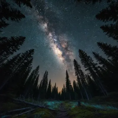 AI: Majestic Milky Way arc visible above a dense pine forest at midnight. 
Looking...