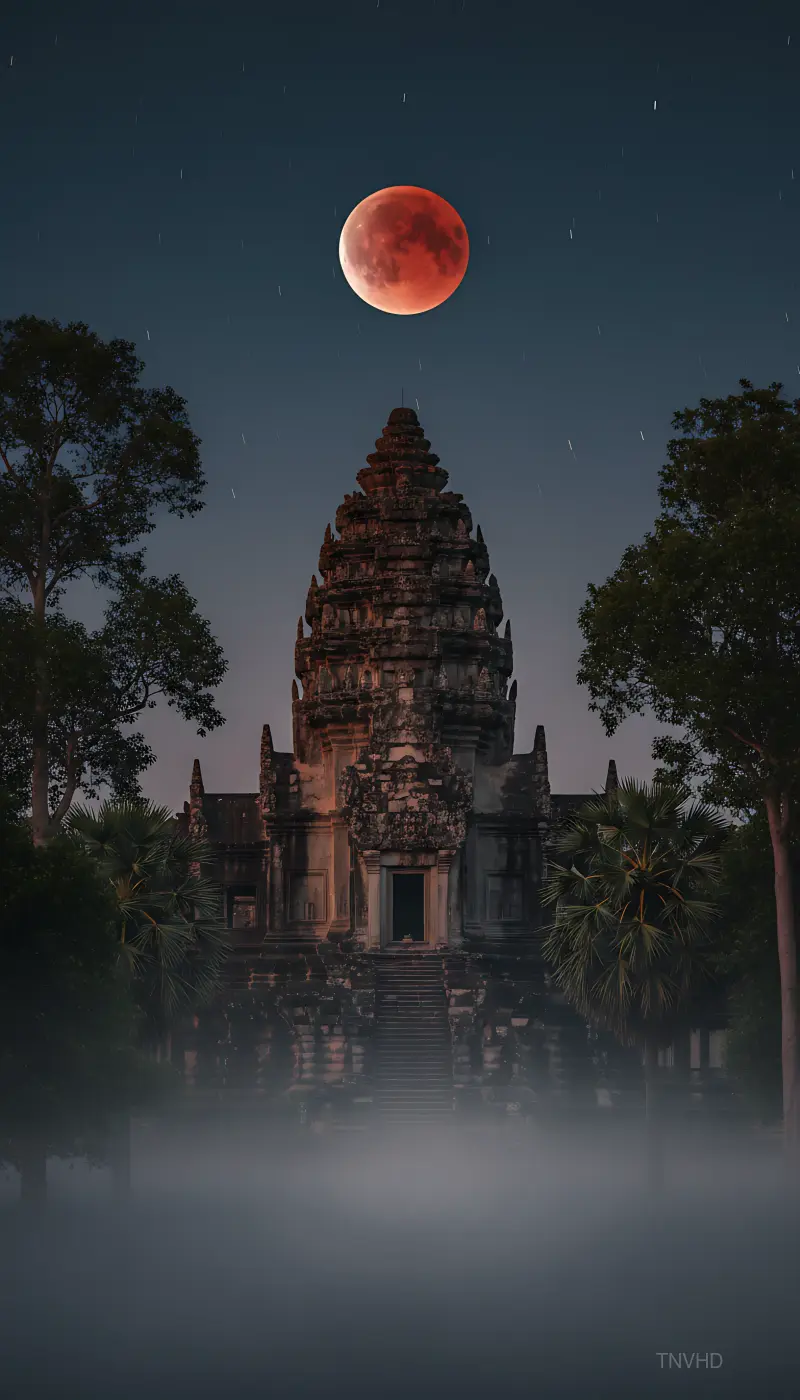 AI: A blood moon total lunar eclipse 
hanging directly above an ancient temple spir...