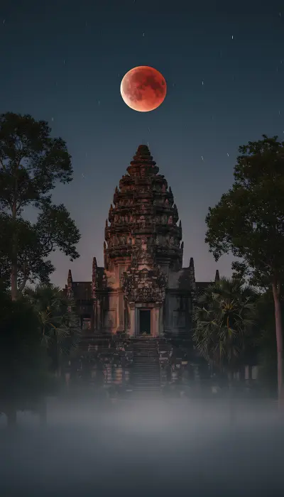AI: A blood moon total lunar eclipse 
hanging directly above an ancient temple spir...