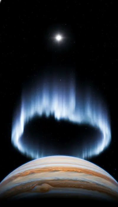 AI: Jupiter's polar aurora seen from low orbit,
vertical portrait 9:16.
Massive oval...