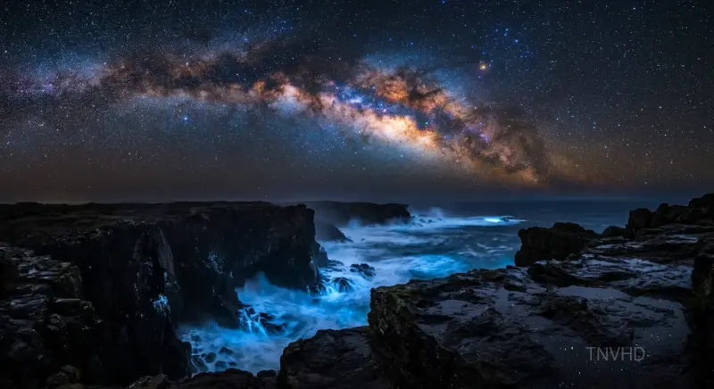 AI: Dramatic Milky Way galaxy arching over rugged coastal cliffs 
at the edge of th...
