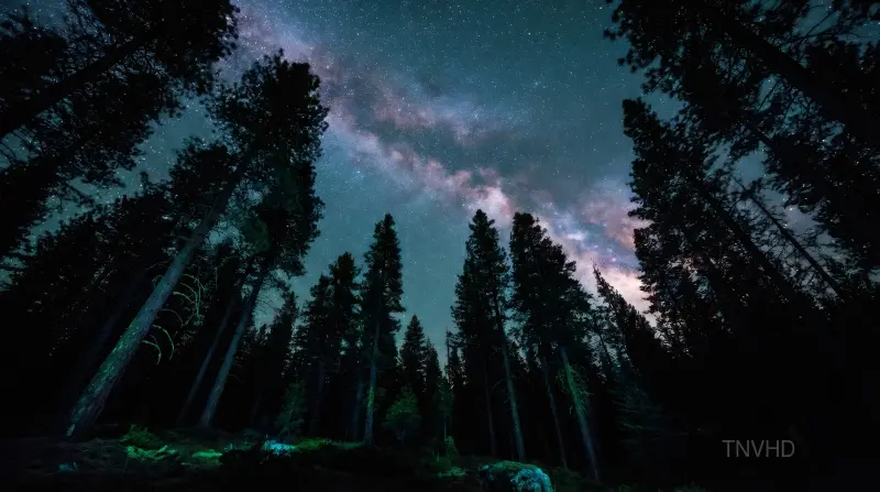 AI: Majestic Milky Way arc visible above a dense pine forest at midnight. 
Looking...