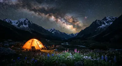 AI: A glowing camping tent in a remote mountain valley 
under the spectacular Milky...