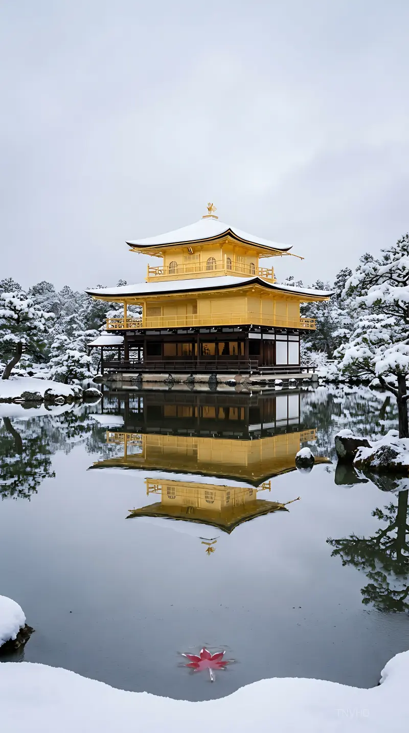 AI: Kinkaku-ji — the Golden Pavilion — 
in Kyoto on a silent winter morning,
vertica...