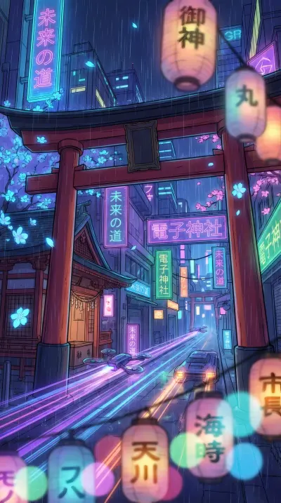 Neon Shrine under Cherry Moon