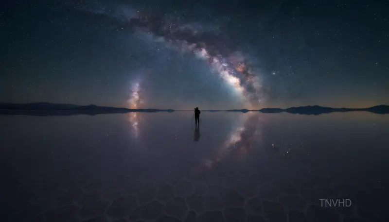 AI: The complete arc of the Milky Way galaxy 
reflected perfectly in the mirror-fla...