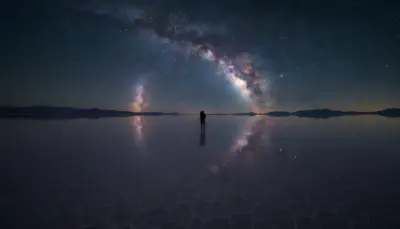 AI: The complete arc of the Milky Way galaxy 
reflected perfectly in the mirror-fla...