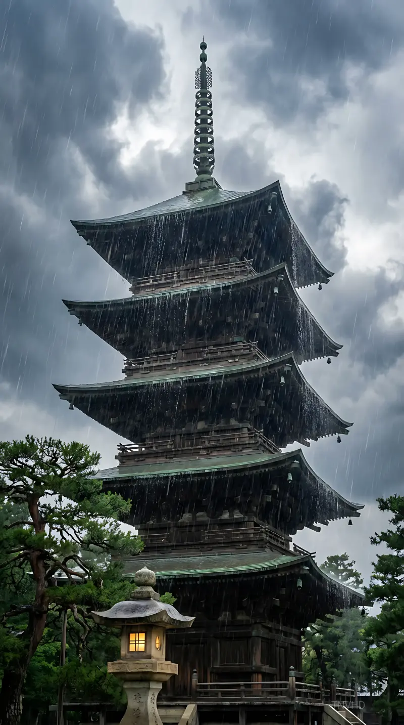 AI: A traditional five-story Japanese pagoda
rising from bottom to top of the frame,...