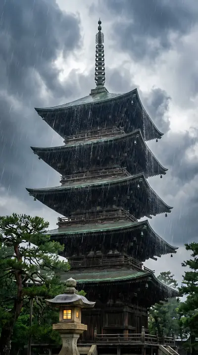 AI: A traditional five-story Japanese pagoda
rising from bottom to top of the frame,...