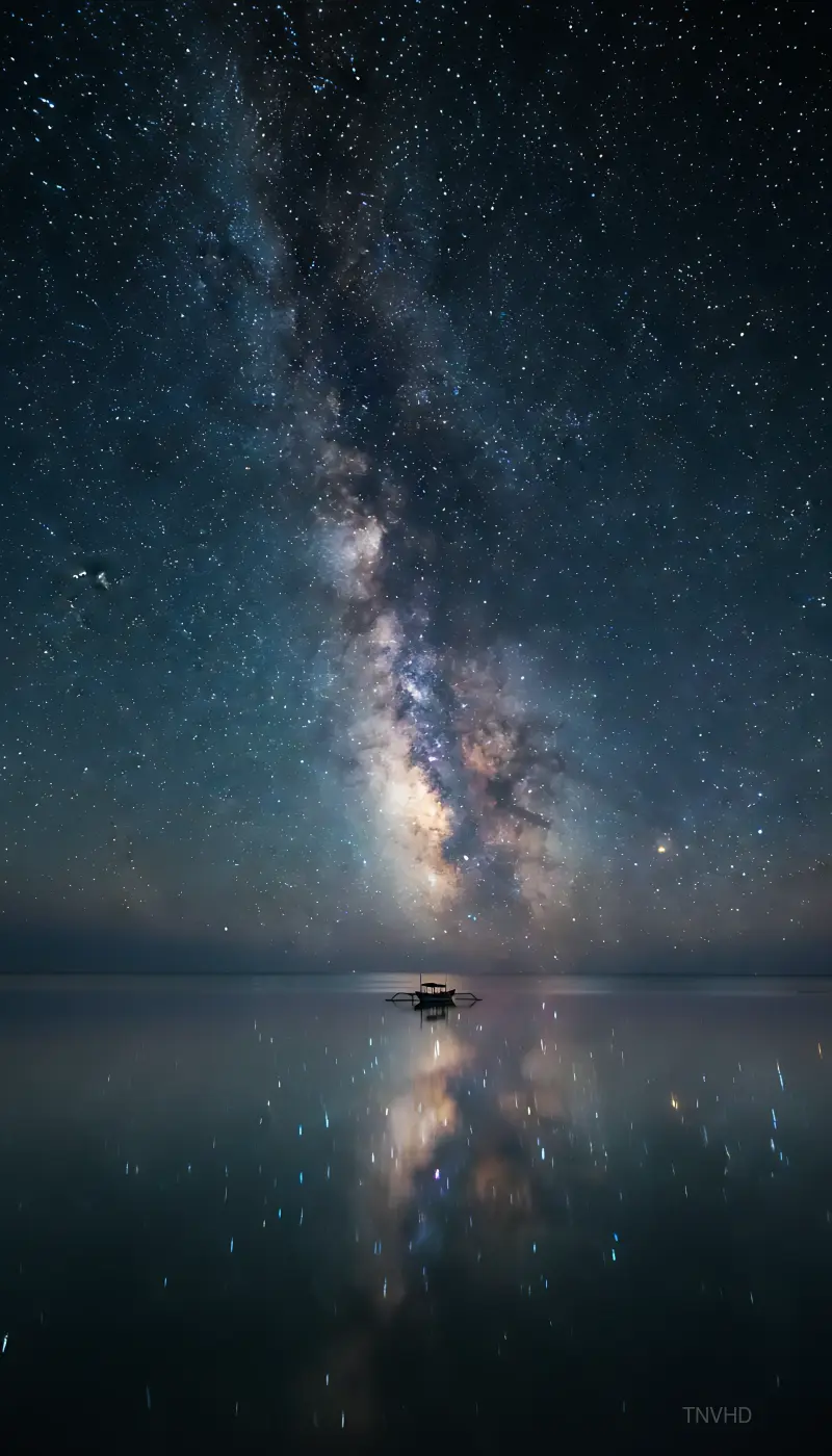 AI: The complete vertical band of the Milky Way
rising straight up from the ocean h...