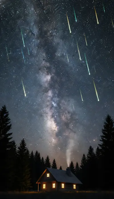 AI: A spectacular Perseid meteor shower 
streaking vertically across the night sky,...