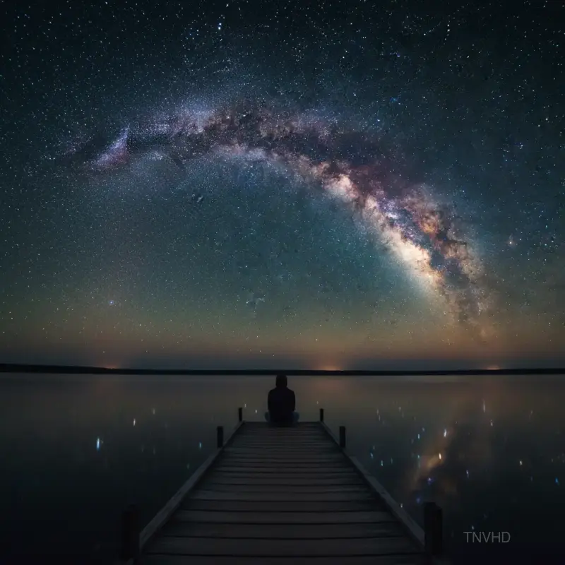 AI: A lone person sitting on a wooden dock over a calm lake, 
looking up in awe at...