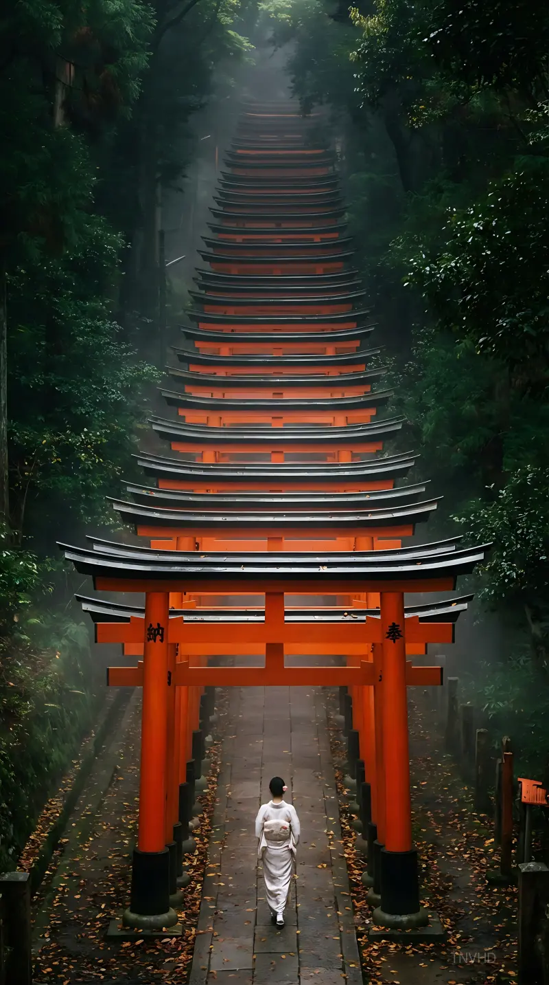 AI: A seemingly endless tunnel of thousands 
of vermillion torii gates at Fushimi In...