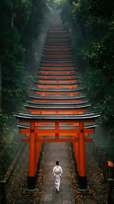 AI: A seemingly endless tunnel of thousands 
of vermillion torii gates at Fushimi In...