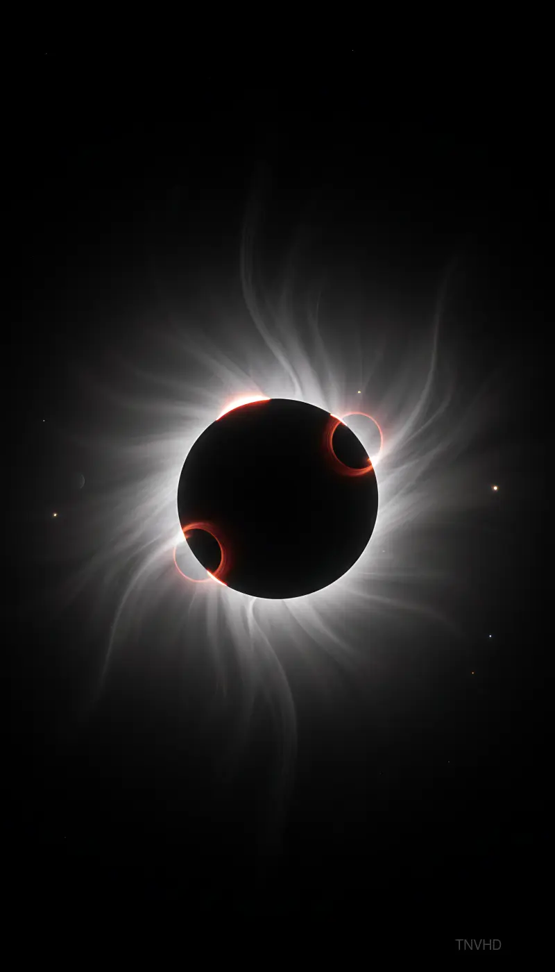 AI: A total solar eclipse captured in vertical portrait,
the moon perfectly centere...