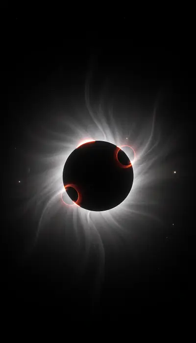 AI: A total solar eclipse captured in vertical portrait,
the moon perfectly centere...