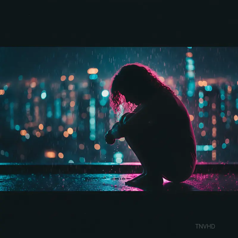 AI: Cinematic widescreen shot (16:9) of a woman’s silhouette sitting in a crouched p...