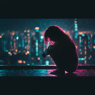 AI: Cinematic widescreen shot (16:9) of a woman’s silhouette sitting in a crouched p...