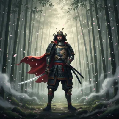 AI: A lone samurai warrior standing in a misty bamboo forest at dawn,
wearing ornat...