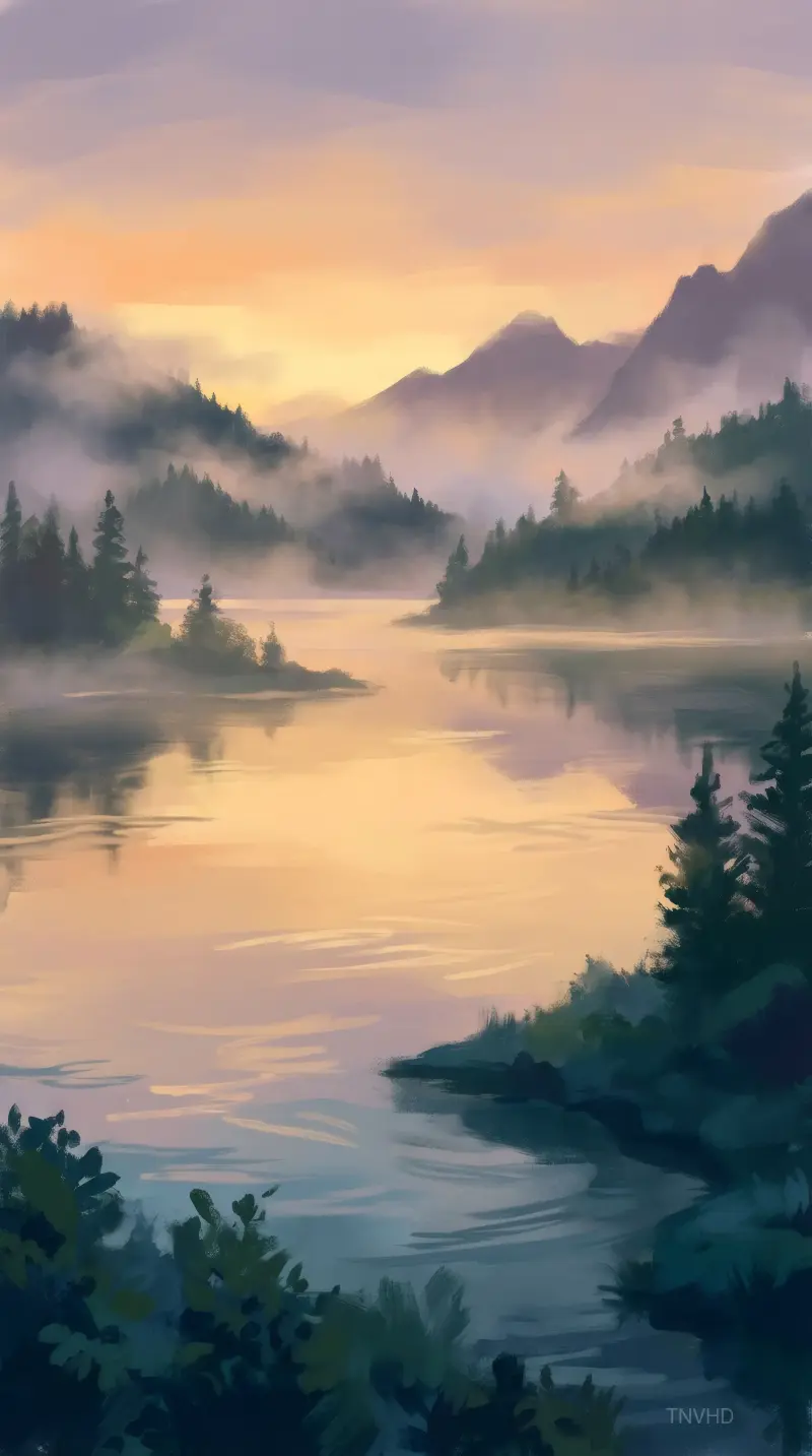 Sunset Over Foggy Mountain Lake