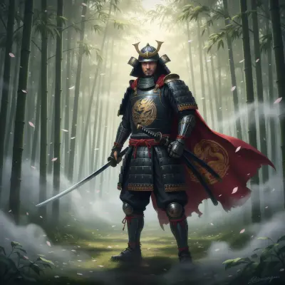 AI: A lone samurai warrior standing in a misty bamboo forest at dawn,
wearing ornat...