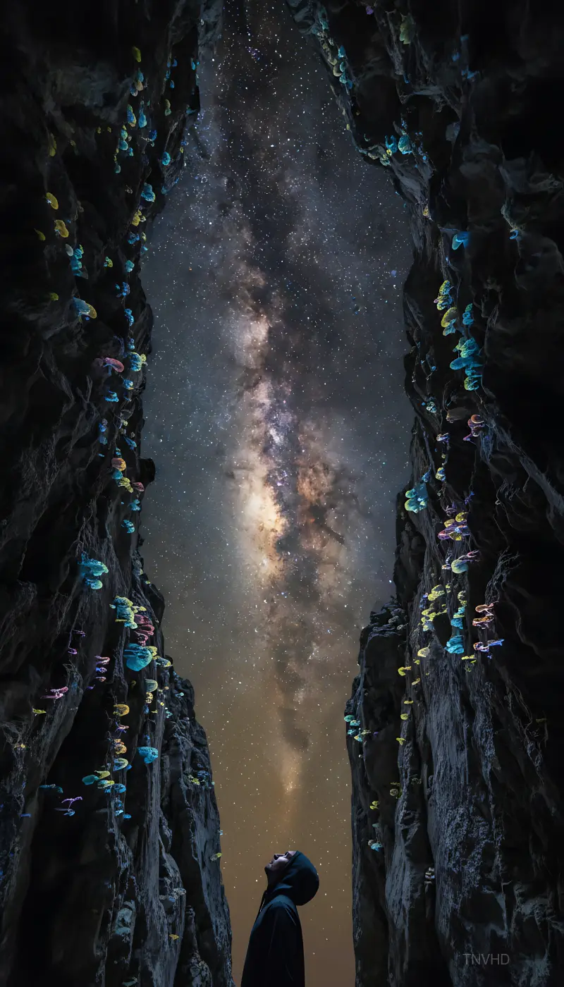 AI: Looking up through a narrow vertical cave opening
toward the Milky Way blazing...