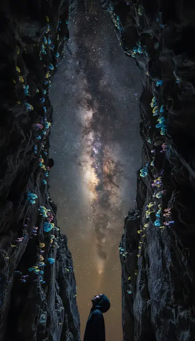AI: Looking up through a narrow vertical cave opening
toward the Milky Way blazing...