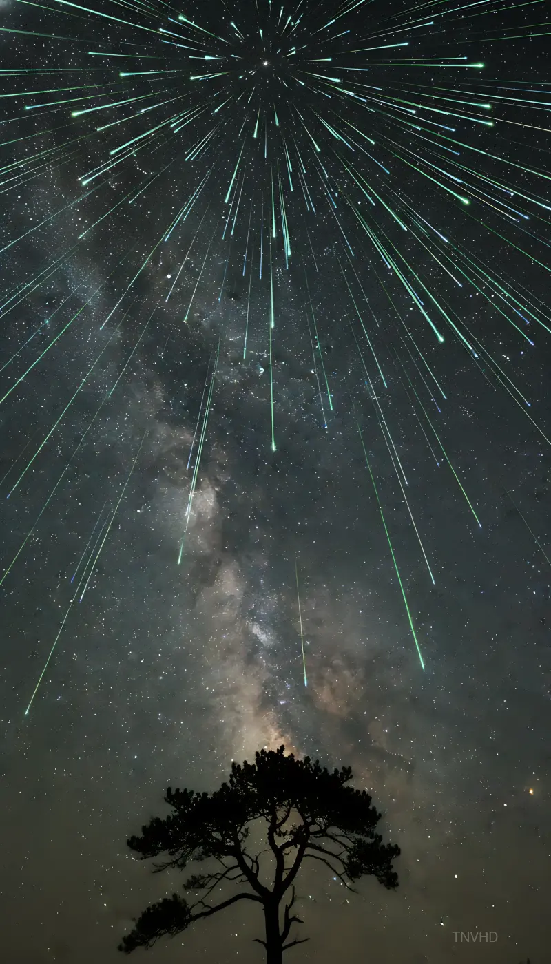 AI: A spectacular Perseid meteor shower 
blazing across the night sky,
vertical port...