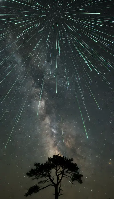 AI: A spectacular Perseid meteor shower 
blazing across the night sky,
vertical port...