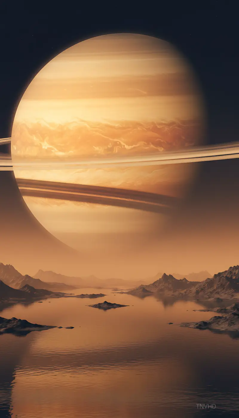AI: Looking straight up from the surface of Saturn's moon Titan,
Saturn filling the...