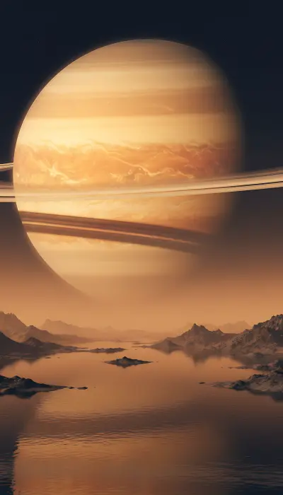 AI: Looking straight up from the surface of Saturn's moon Titan,
Saturn filling the...