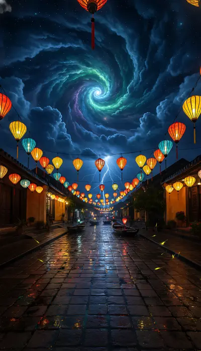 Monsoon Lightning Over Lanterns