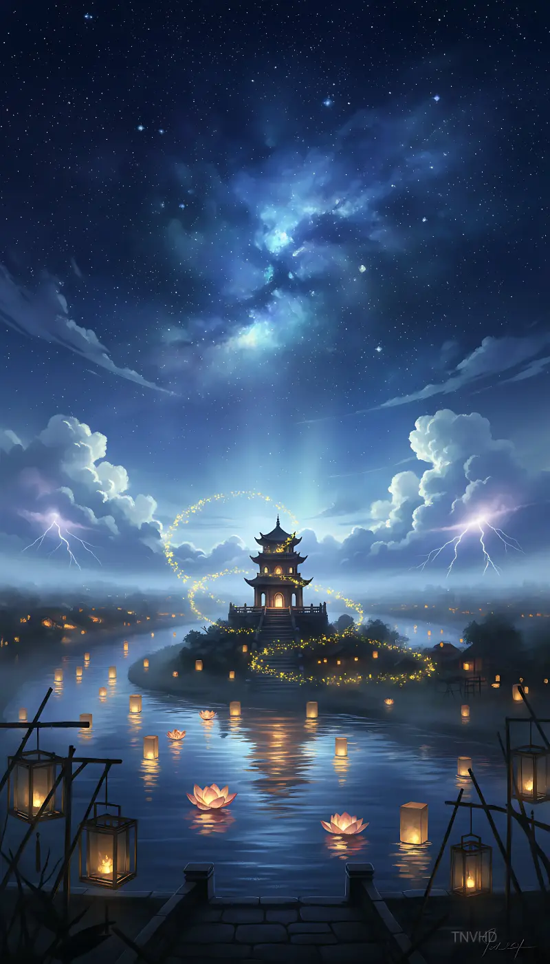 Stormlit Pagoda Under Nebula