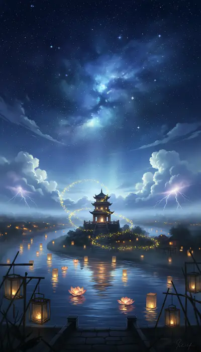 Stormlit Pagoda Under Nebula
