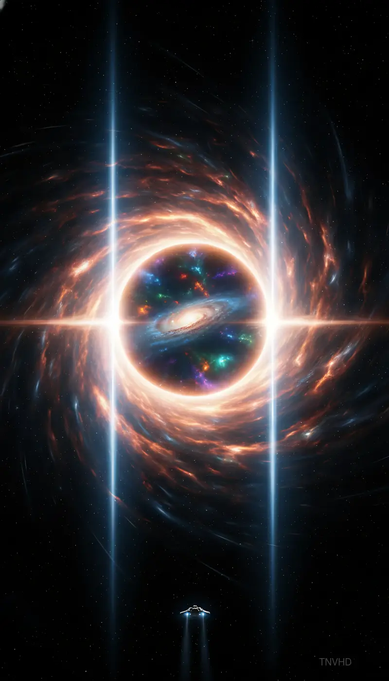 AI: A massive wormhole portal open in deep space,
vertical portrait 9:16 composition...