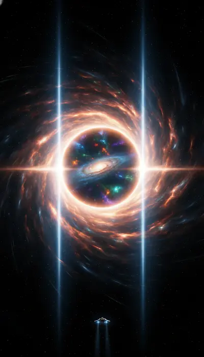 AI: A massive wormhole portal open in deep space,
vertical portrait 9:16 composition...