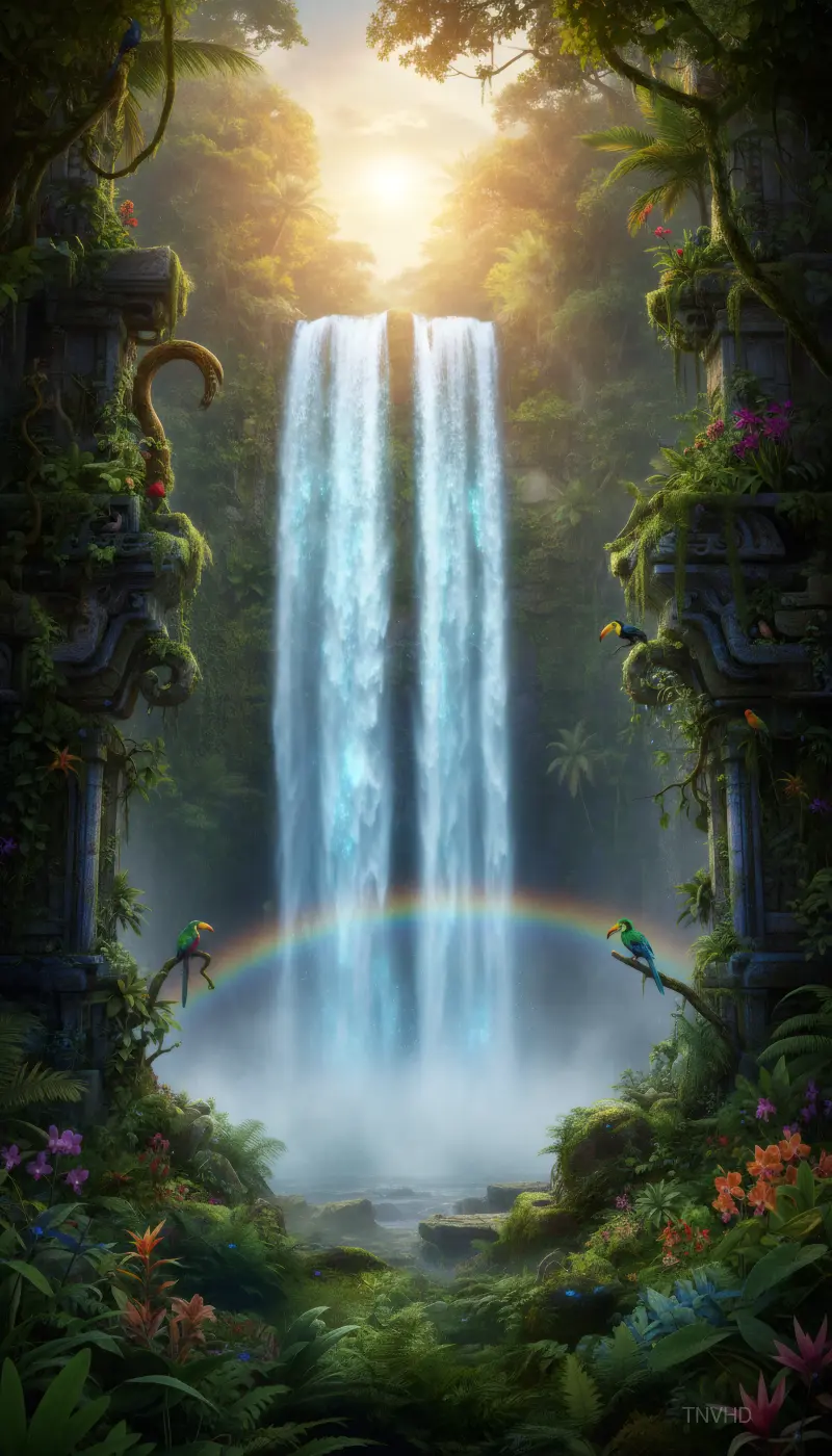 AI: A colossal waterfall plunging into a hidden jungle valley,
water glowing with s...