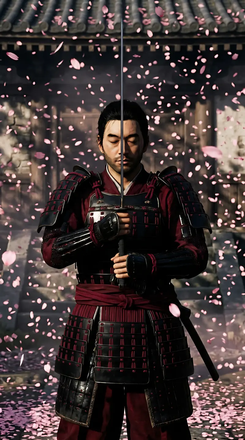 AI: A lone samurai standing motionless 
in a cherry blossom storm,
vertical portra...