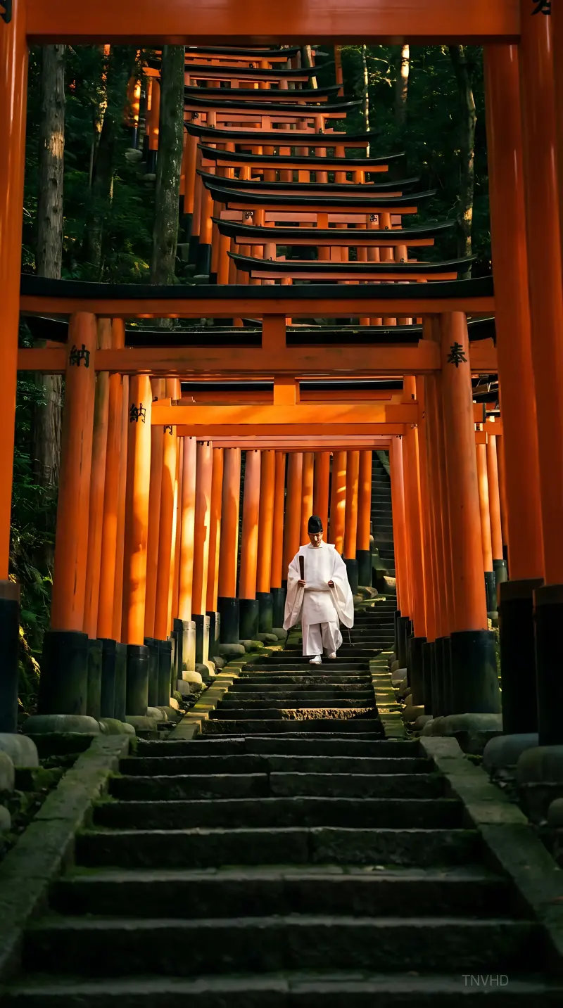 AI: The famous thousands of vermillion torii gates
of Fushimi Inari Shrine in Kyoto,...