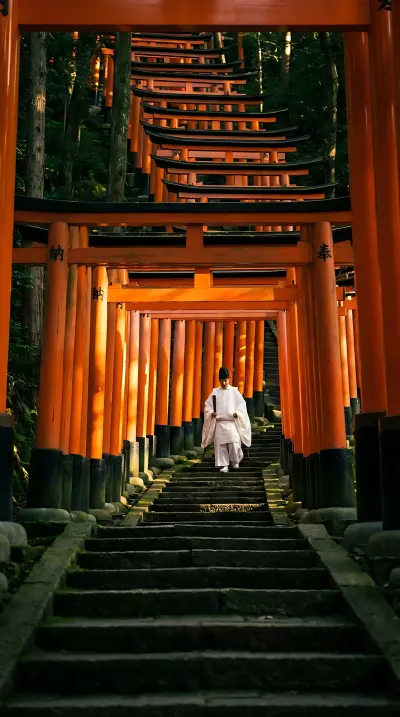 AI: The famous thousands of vermillion torii gates
of Fushimi Inari Shrine in Kyoto,...